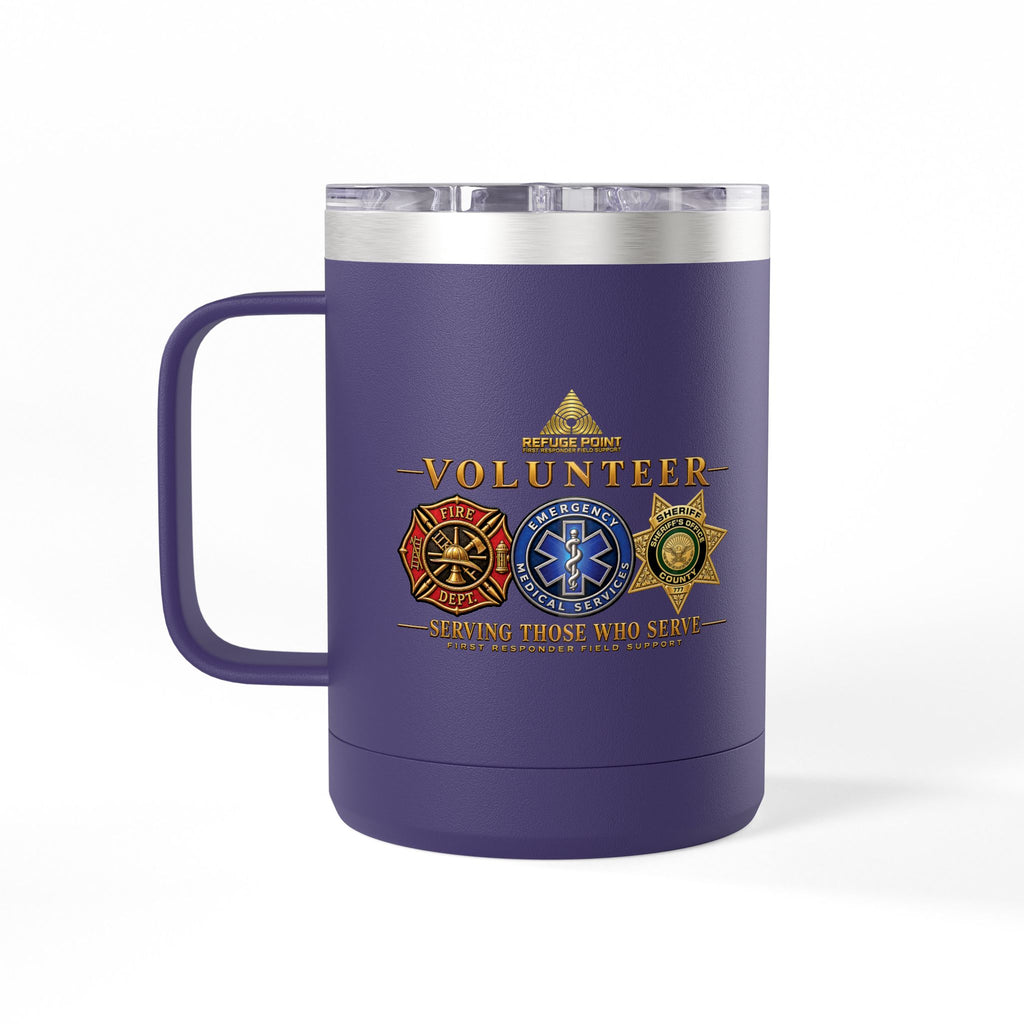 Refuge Point - Volunteer 15 oz Insulated Stainless Steel Coffee Mug, Available in 10 Colors, Matthew 5:9, Field Support Volunteer Coffee Cup