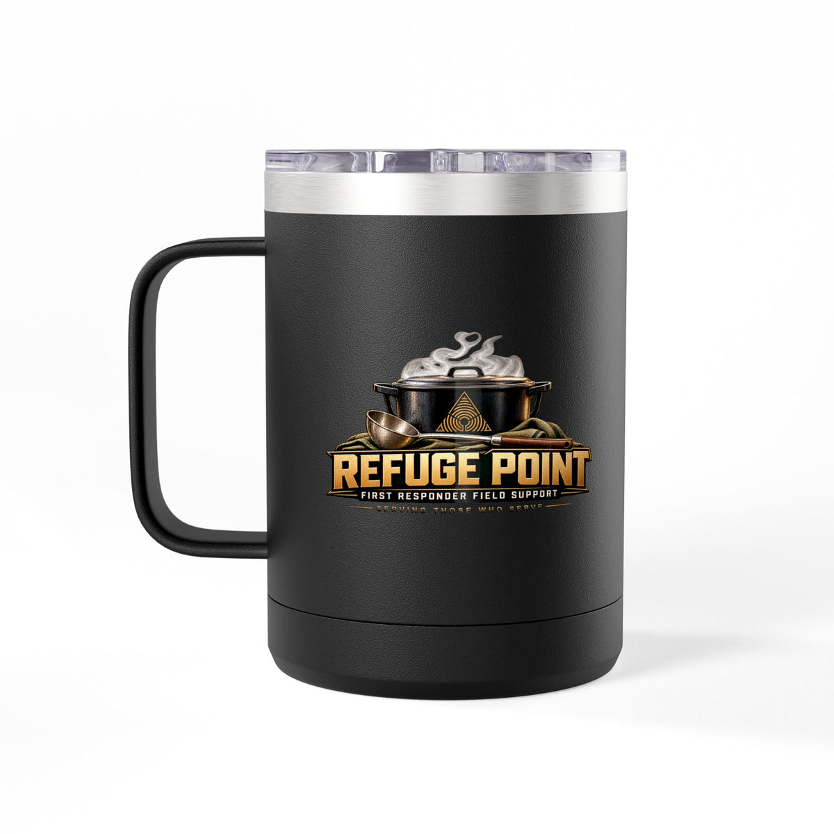 Refuge Point - Pot & Ladle 15 oz Insulated Stainless Steel Coffee Mug, Available in 10 Colors,  First Responder Field Support Volunteer Coffee Cup