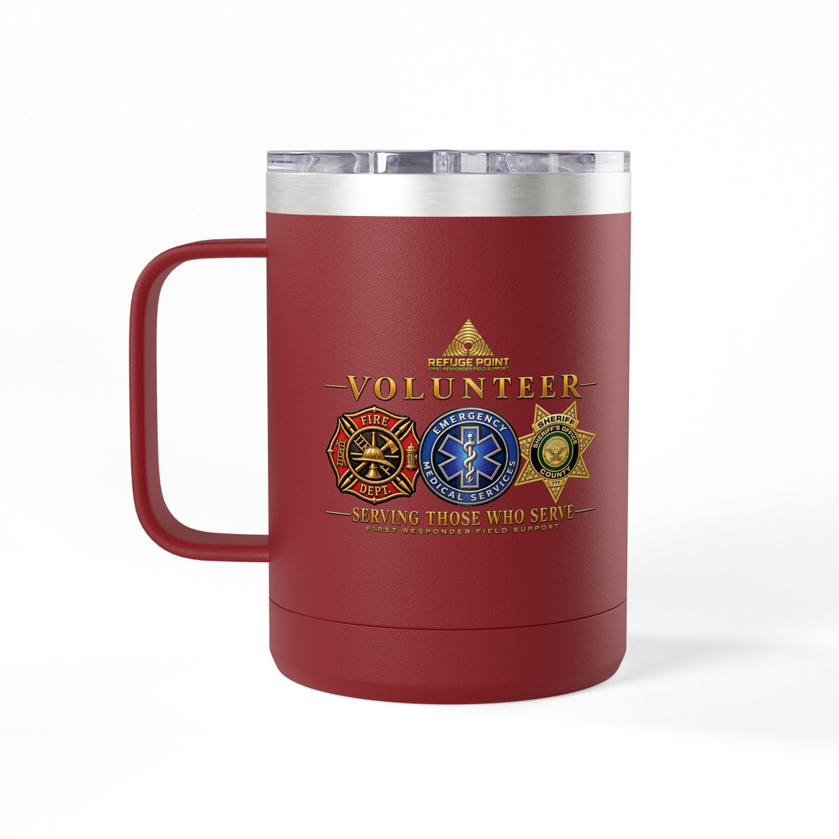 Refuge Point - Volunteer 15 oz Insulated Stainless Steel Coffee Mug, Available in 10 Colors, Matthew 5:9, Field Support Volunteer Coffee Cup