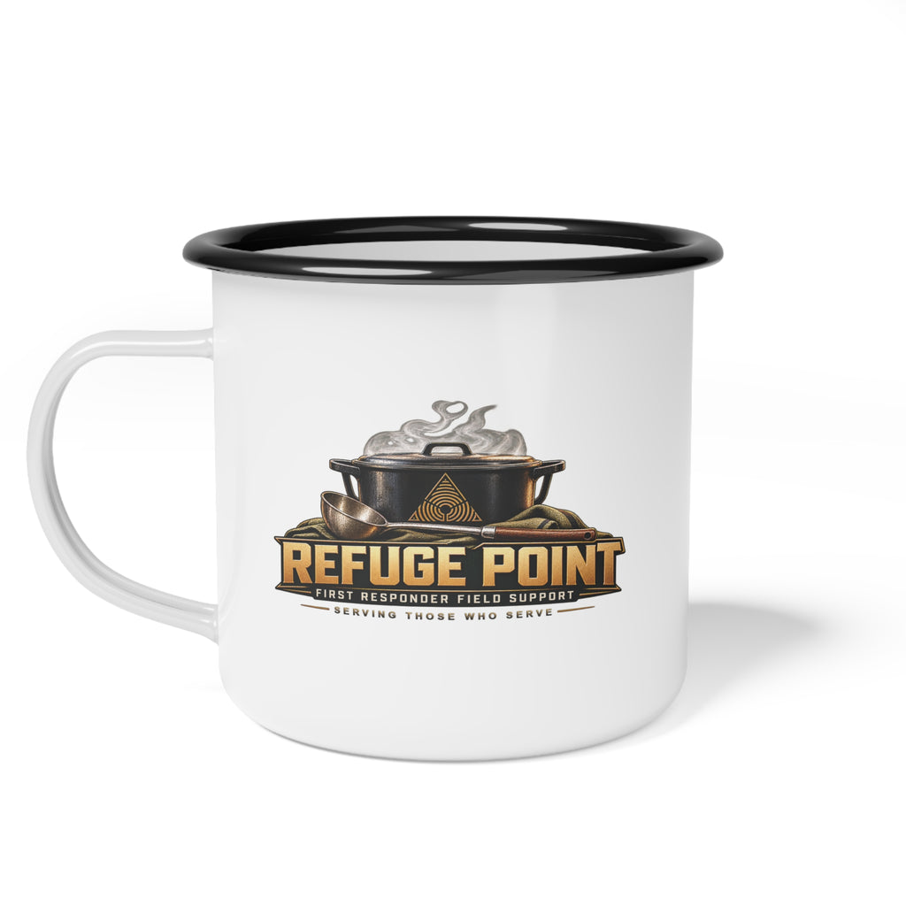 Refuge Point - Pot & Ladle 12oz Enamel Camping Mug, First Responder Field Support Volunteer Coffee Cup