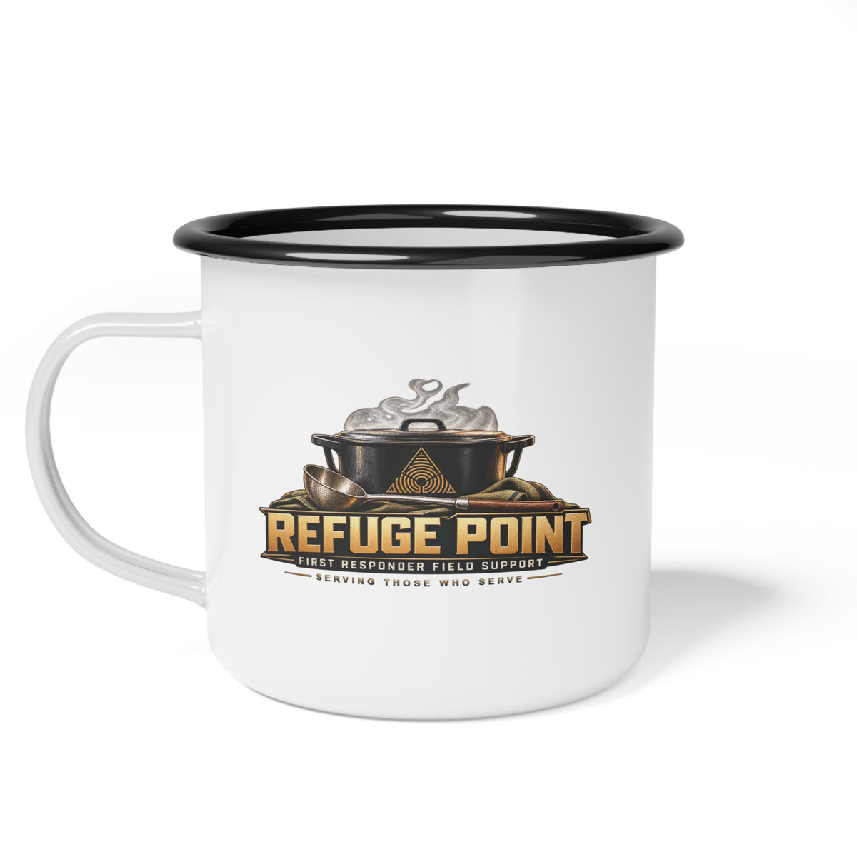 Refuge Point - Pot & Ladle 12oz Enamel Camping Mug, First Responder Field Support Volunteer Coffee Cup