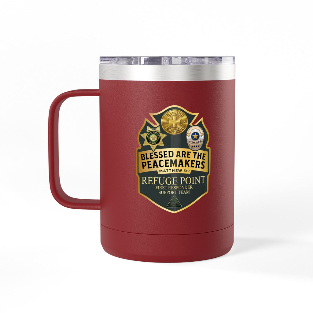 Refuge Point - Blessed Are the Peacemakers 15 oz Insulated Stainless Steel Coffee Mug, Available in 10 Colors, Matthew 5:9, Field Support Volunteer Coffee Cup
