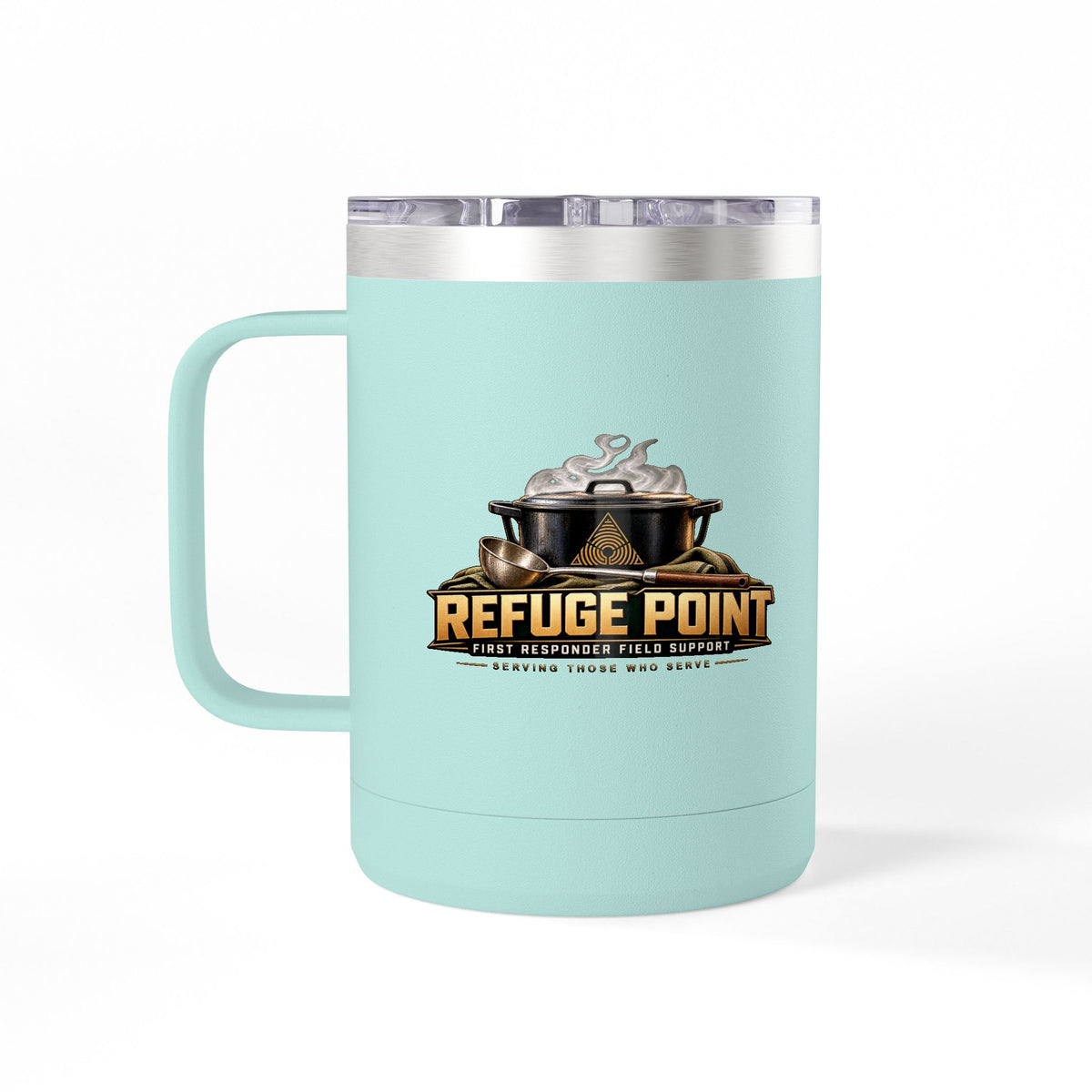 Refuge Point - Pot & Ladle 15 oz Insulated Stainless Steel Coffee Mug, Available in 10 Colors,  First Responder Field Support Volunteer Coffee Cup