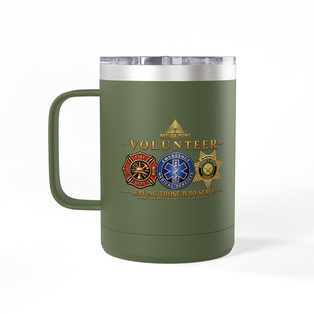 Refuge Point - Volunteer 15 oz Insulated Stainless Steel Coffee Mug, Available in 10 Colors, Matthew 5:9, Field Support Volunteer Coffee Cup