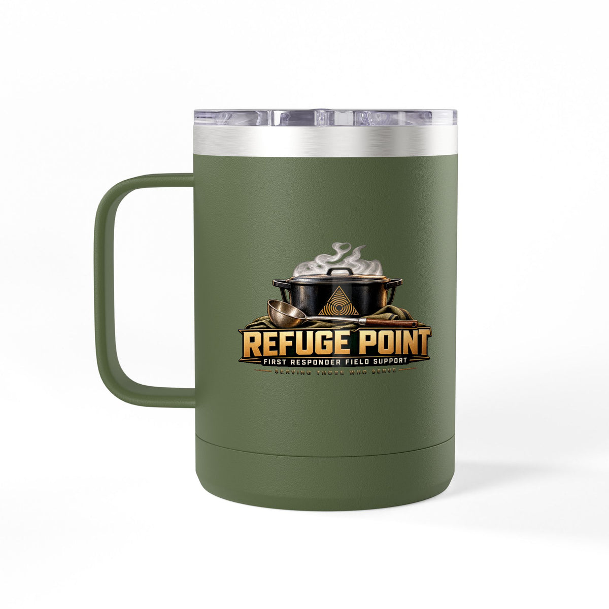Refuge Point - Pot & Ladle 15 oz Insulated Stainless Steel Coffee Mug, Available in 10 Colors,  First Responder Field Support Volunteer Coffee Cup