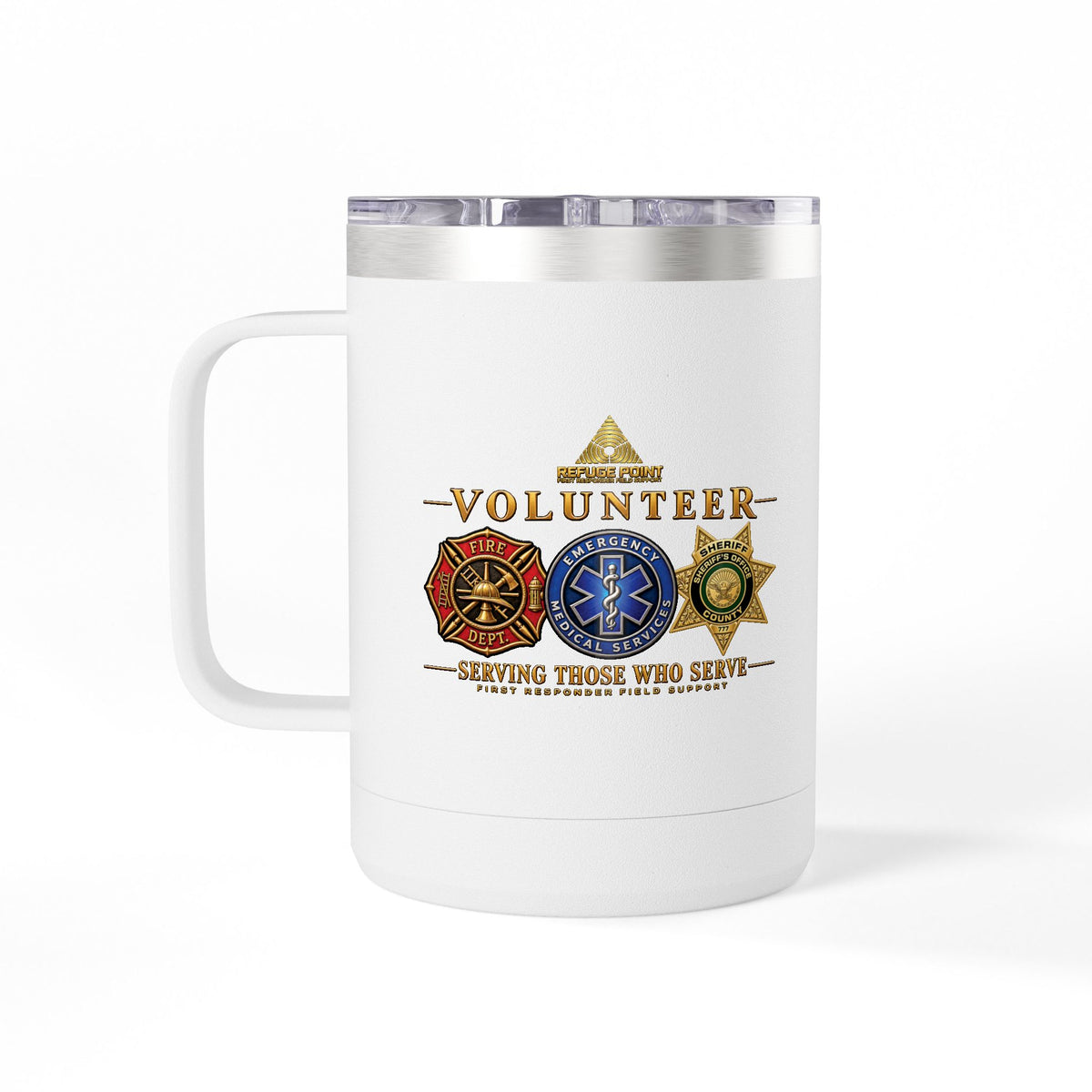 Refuge Point - Volunteer 15 oz Insulated Stainless Steel Coffee Mug, Available in 10 Colors, Matthew 5:9, Field Support Volunteer Coffee Cup
