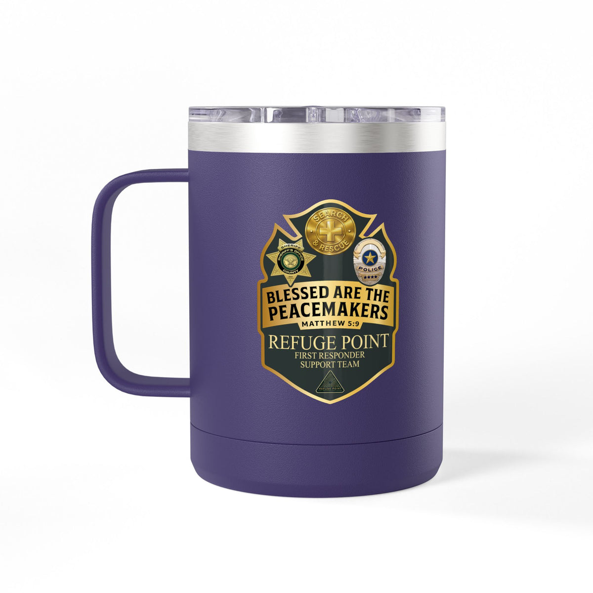 Refuge Point - Blessed Are the Peacemakers 15 oz Insulated Stainless Steel Coffee Mug, Available in 10 Colors, Matthew 5:9, Field Support Volunteer Coffee Cup