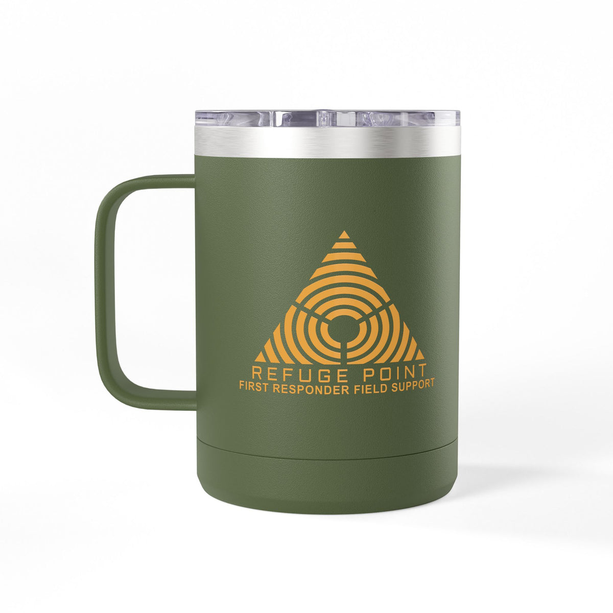 Refuge Point - Gold Logo 15 oz Insulated Stainless Steel Coffee Mug, Available in 6 Colors,  First Responder Field Support Volunteer Coffee Cup