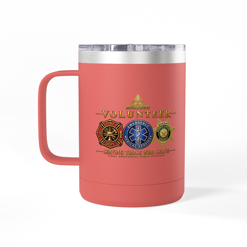 Refuge Point - Volunteer 15 oz Insulated Stainless Steel Coffee Mug, Available in 10 Colors, Matthew 5:9, Field Support Volunteer Coffee Cup