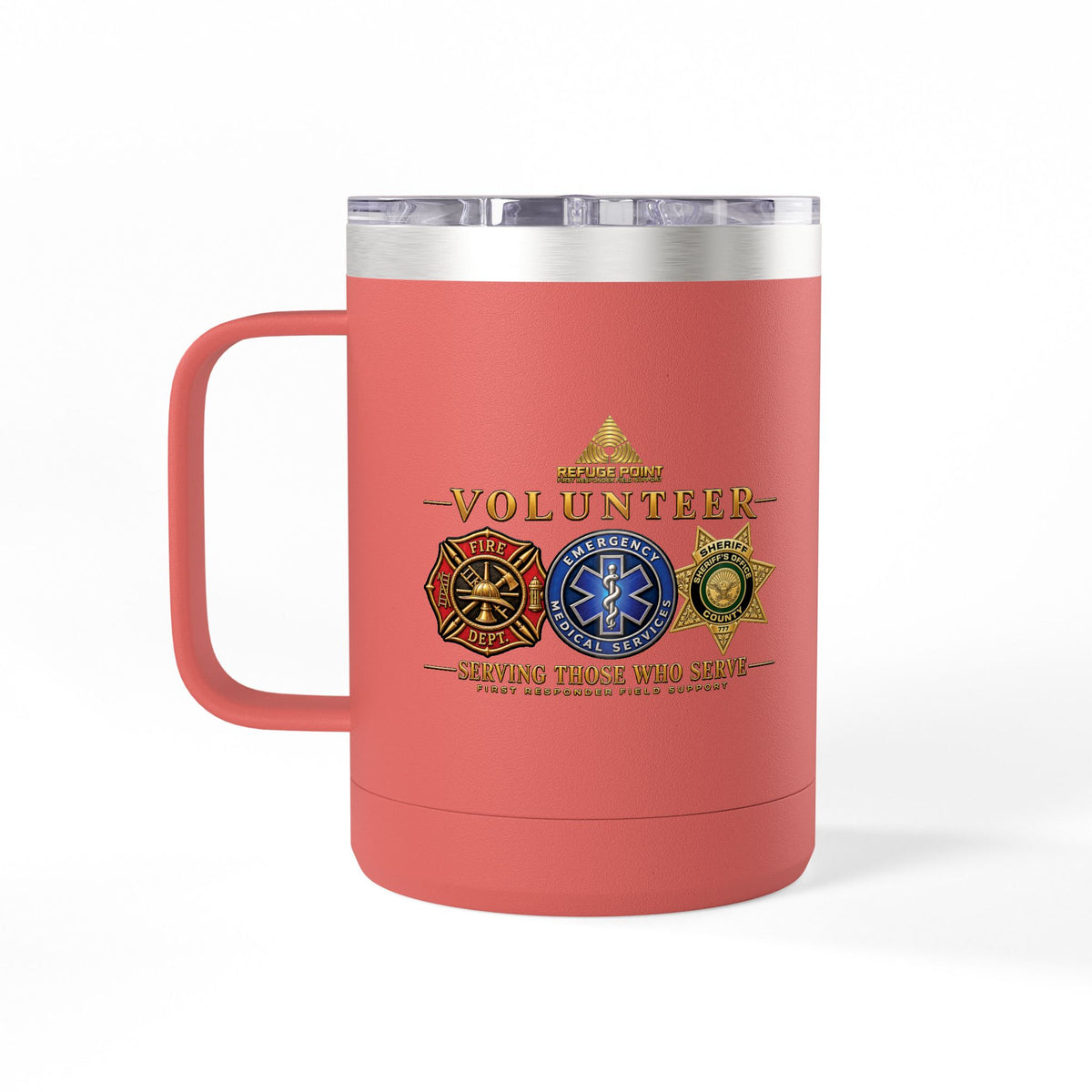 Refuge Point - Volunteer 15 oz Insulated Stainless Steel Coffee Mug, Available in 10 Colors, Matthew 5:9, Field Support Volunteer Coffee Cup