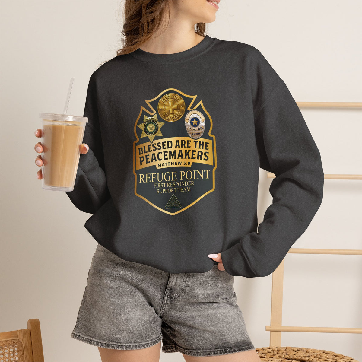 Refuge Point - Blessed Are the Peacemakers Crewneck Sweatshirt, Matthew 5:9, First Responder Support Sweatshirt