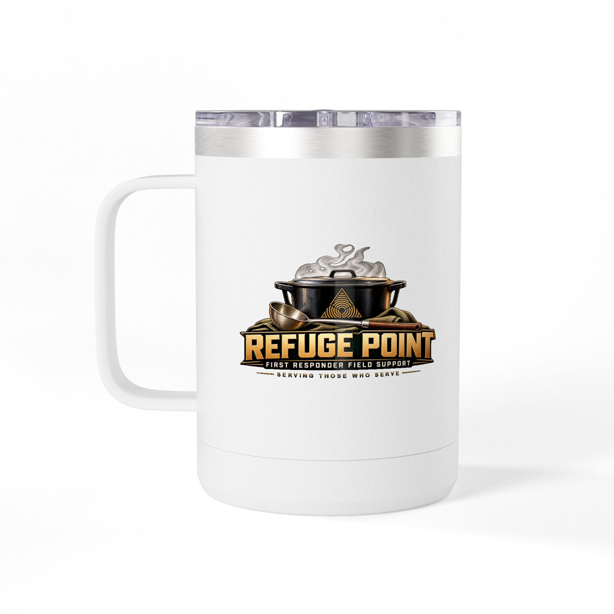 Refuge Point - Pot & Ladle 15 oz Insulated Stainless Steel Coffee Mug, Available in 10 Colors,  First Responder Field Support Volunteer Coffee Cup