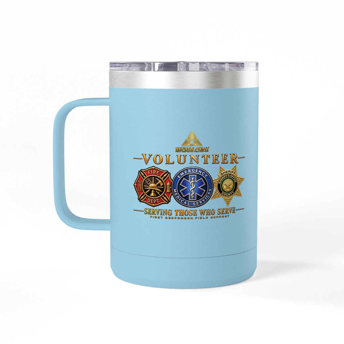 Refuge Point - Volunteer 15 oz Insulated Stainless Steel Coffee Mug, Available in 10 Colors, Matthew 5:9, Field Support Volunteer Coffee Cup