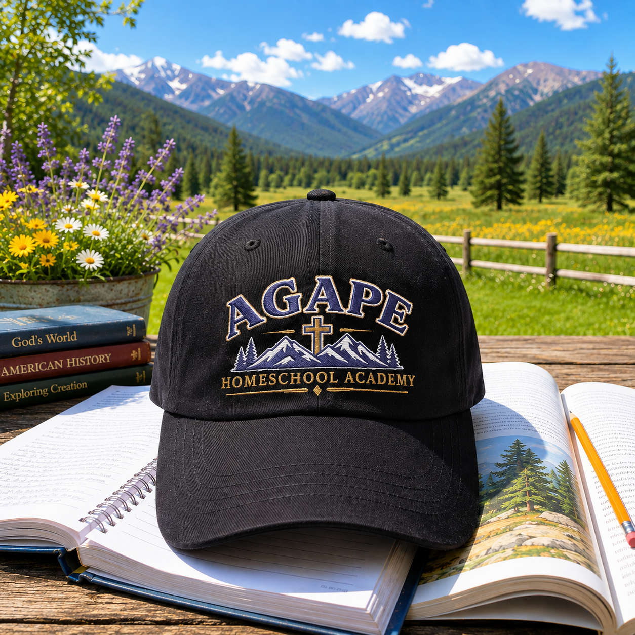 Agape Homeschool Academy Embroidered Mountain Cross Dad Hat
