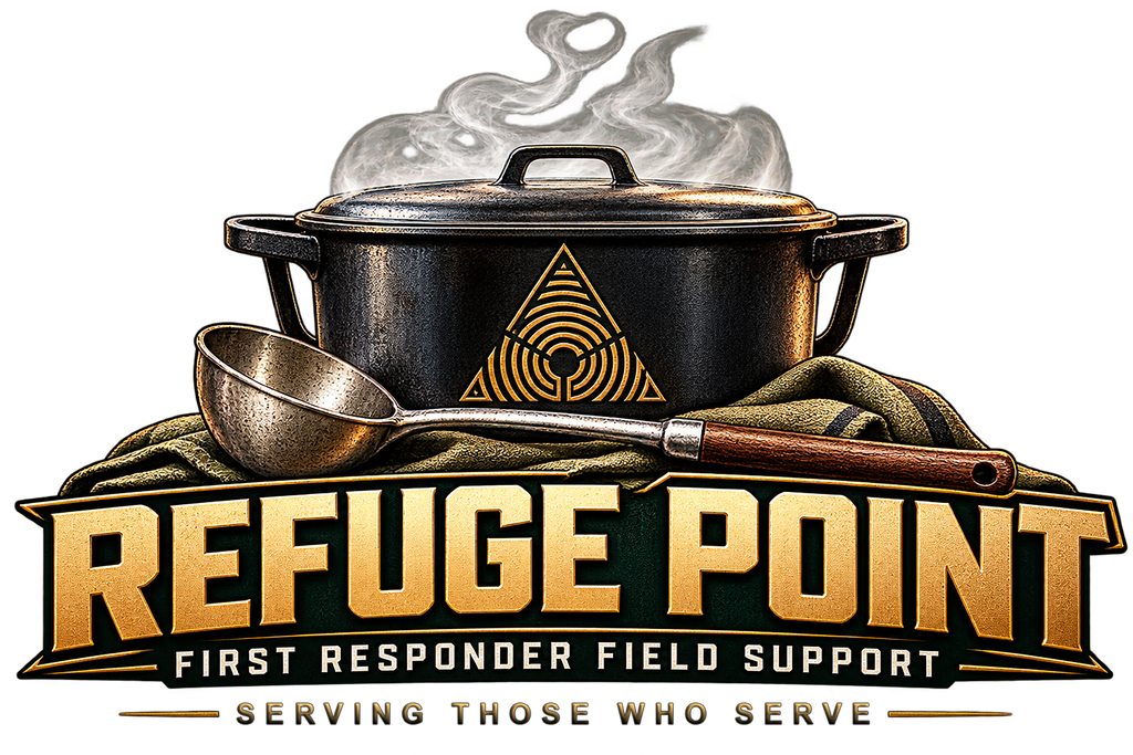 Refuge Point - Pot & Ladle 12oz Enamel Camping Mug, First Responder Field Support Volunteer Coffee Cup