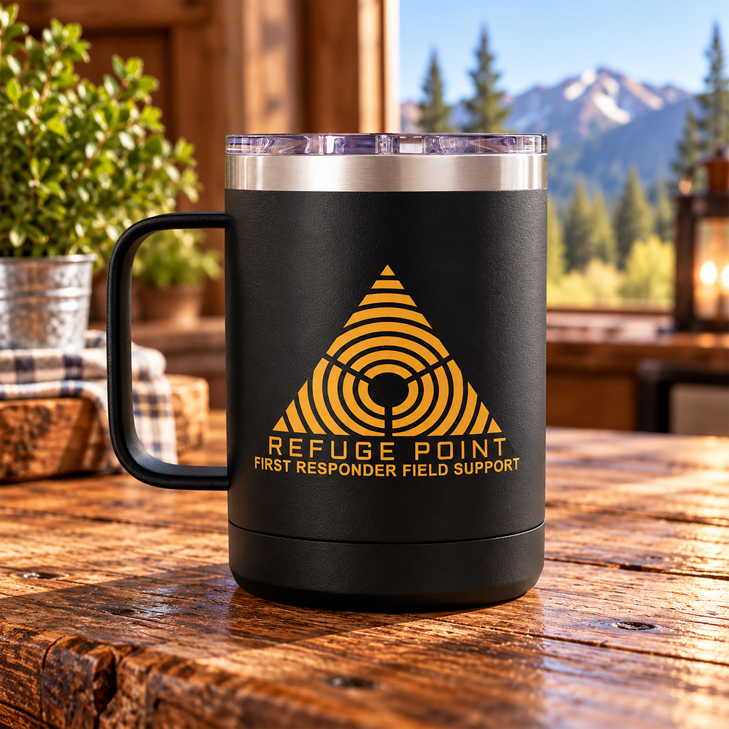 Refuge Point - Gold Logo 15 oz Insulated Stainless Steel Coffee Mug, Available in 6 Colors,  First Responder Field Support Volunteer Coffee Cup