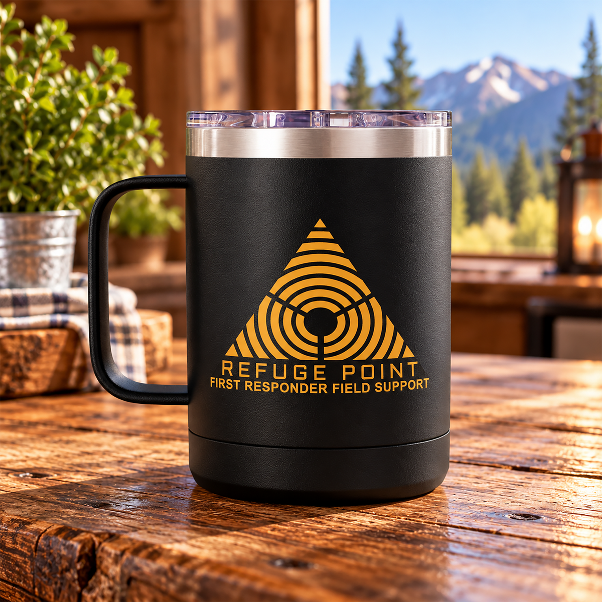 Refuge Point - Gold Logo 15 oz Insulated Stainless Steel Coffee Mug, Available in 6 Colors,  First Responder Field Support Volunteer Coffee Cup