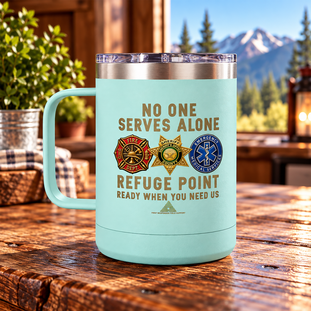 Refuge Point - No One Serves Alone 15 oz Insulated Stainless Steel Coffee Mug, Available in 10 Colors,  First Responder Field Support Volunteer Coffee Cup