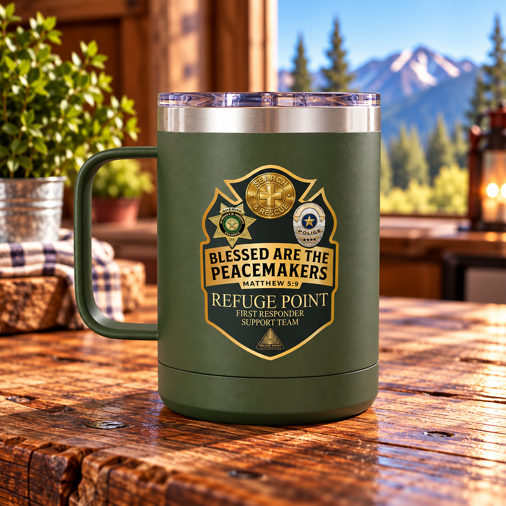 Refuge Point - Blessed Are the Peacemakers 15 oz Insulated Stainless Steel Coffee Mug, Available in 10 Colors, Matthew 5:9, Field Support Volunteer Coffee Cup