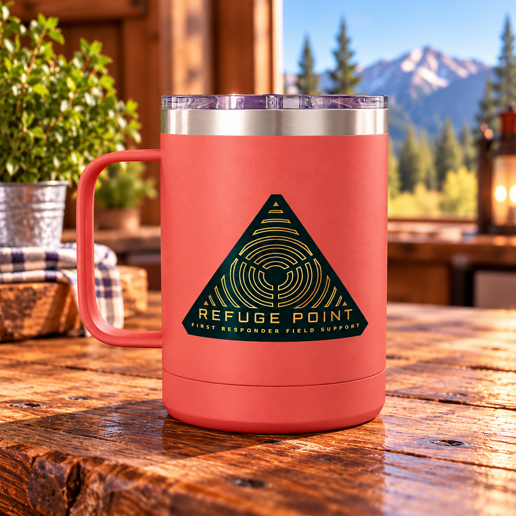 Refuge Point - Official Logo 15 oz Insulated Stainless Steel Coffee Mug, Available in 10 Colors,  First Responder Field Support Volunteer Coffee Cup