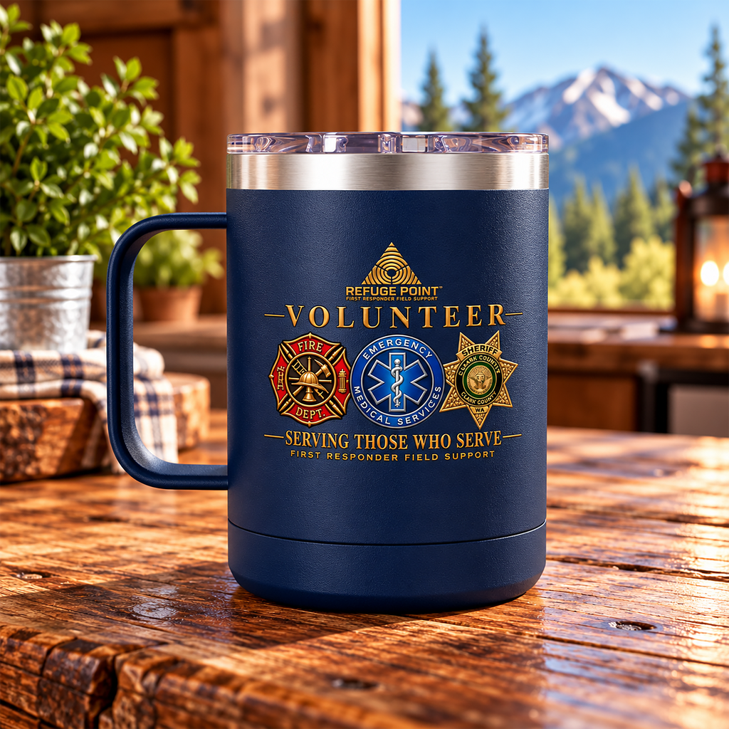 Refuge Point - Volunteer 15 oz Insulated Stainless Steel Coffee Mug, Available in 10 Colors, Matthew 5:9, Field Support Volunteer Coffee Cup