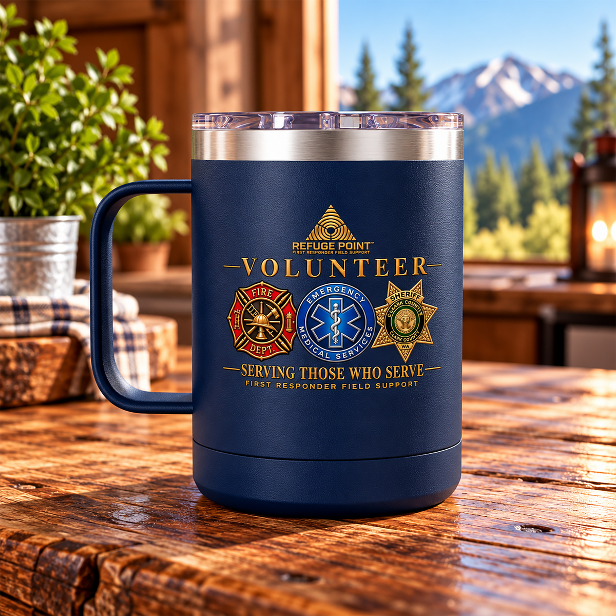 Refuge Point - Volunteer 15 oz Insulated Stainless Steel Coffee Mug, Available in 10 Colors, Matthew 5:9, Field Support Volunteer Coffee Cup