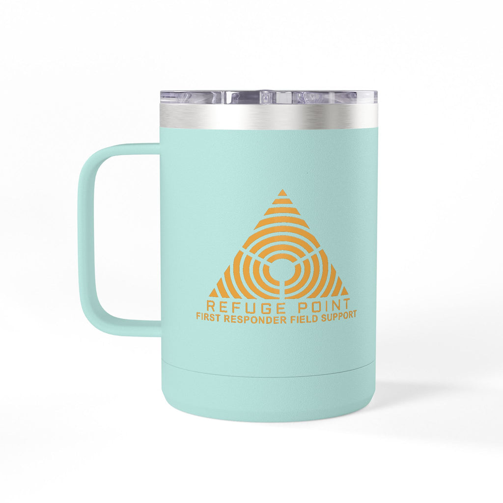 Refuge Point - Gold Logo 15 oz Insulated Stainless Steel Coffee Mug, Available in 6 Colors,  First Responder Field Support Volunteer Coffee Cup
