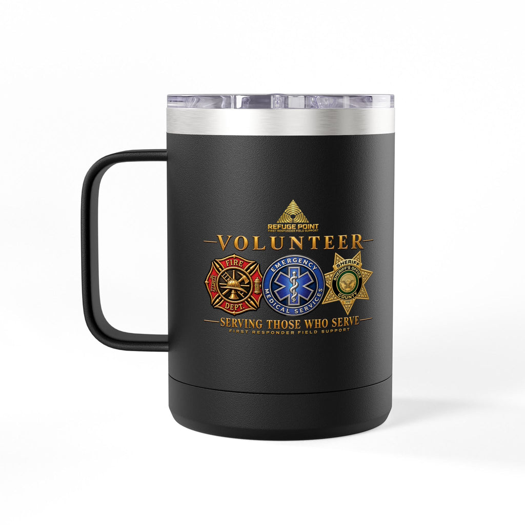 Refuge Point - Volunteer 15 oz Insulated Stainless Steel Coffee Mug, Available in 10 Colors, Matthew 5:9, Field Support Volunteer Coffee Cup