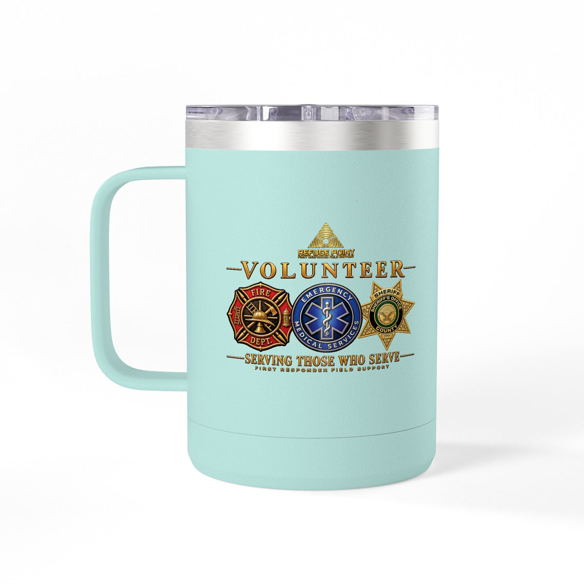 Refuge Point - Volunteer 15 oz Insulated Stainless Steel Coffee Mug, Available in 10 Colors, Matthew 5:9, Field Support Volunteer Coffee Cup