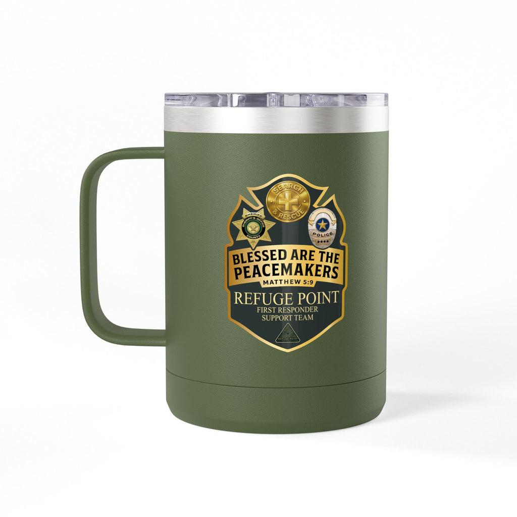 Refuge Point - Blessed Are the Peacemakers 15 oz Insulated Stainless Steel Coffee Mug, Available in 10 Colors, Matthew 5:9, Field Support Volunteer Coffee Cup