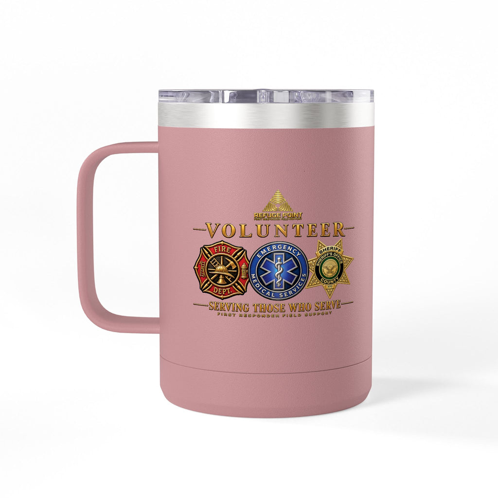 Refuge Point - Volunteer 15 oz Insulated Stainless Steel Coffee Mug, Available in 10 Colors, Matthew 5:9, Field Support Volunteer Coffee Cup