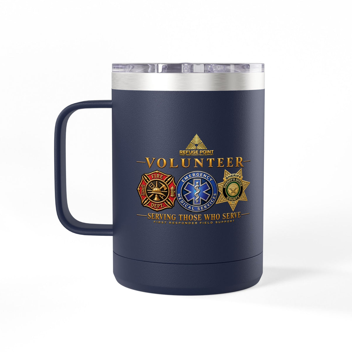 Refuge Point - Volunteer 15 oz Insulated Stainless Steel Coffee Mug, Available in 10 Colors, Matthew 5:9, Field Support Volunteer Coffee Cup