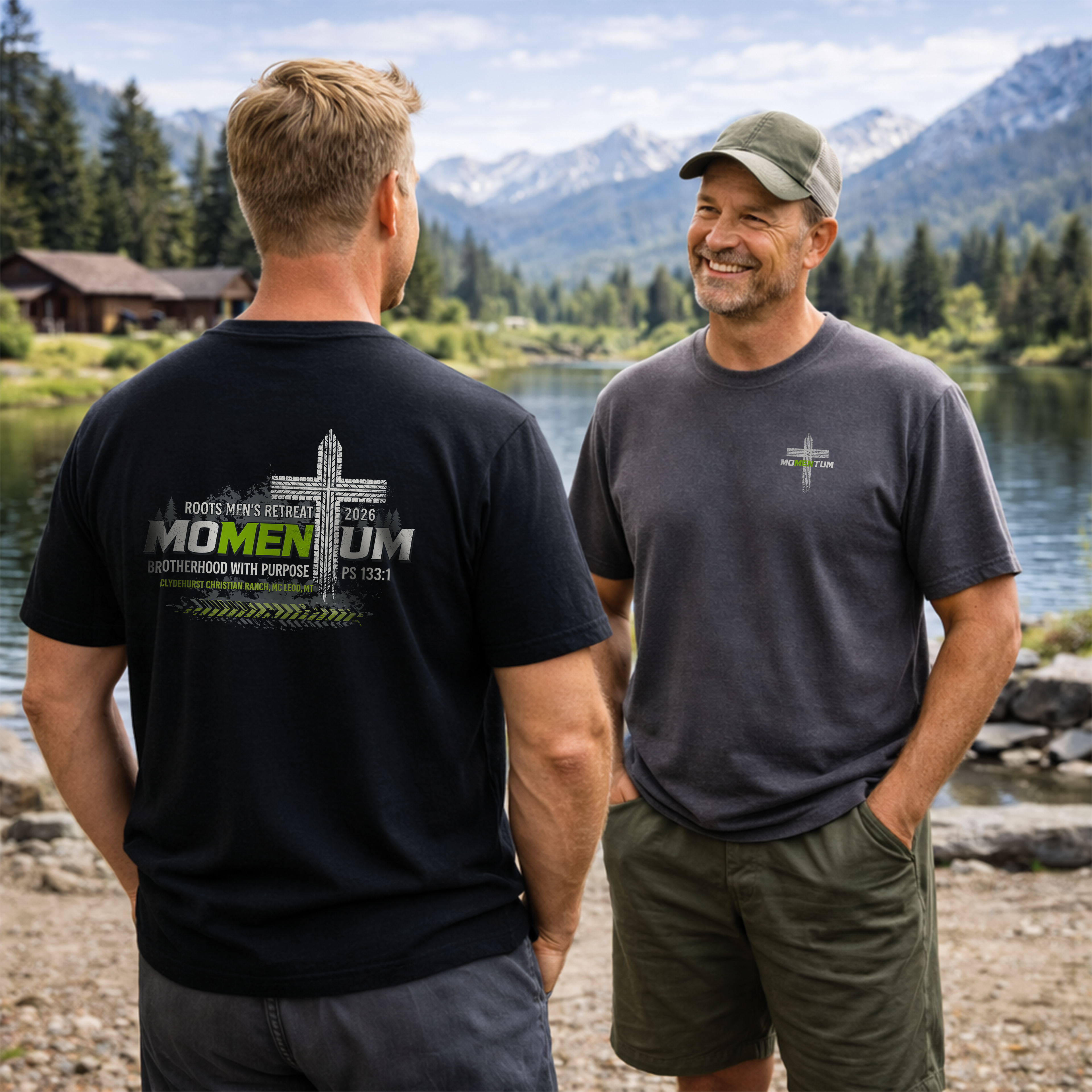 Two men standing by a lake with mountains in the background, one wearing a black t-shirt with branding and the other in a gray t-shirt.
